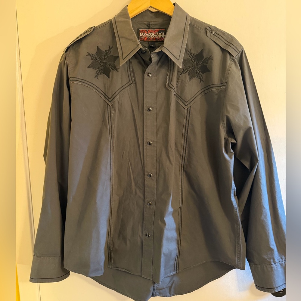 Rock & Roll Cowboy Western Snap Shirt XL Gray Embroidered Bull Skull